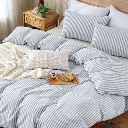 TOCOMOA Blue Striped Duvet Cover Set 100% Washed Cotton Like Linen, King