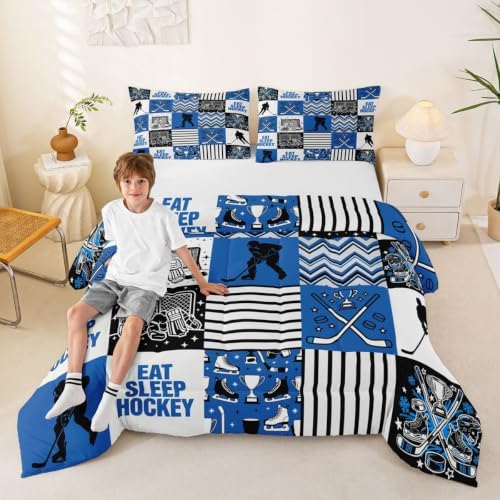 Hockey Sport Comforter Set Queen Size,Eat Sleep Hockey Player Silhouette Bed in a Bag 3Pcs for Kids Teens Woman Men Room Decor,Athletic Quilted Duvet Blue Black White Line Down Comforter,2 Pillowcases