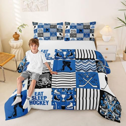 Hockey Sport Comforter Set King Size,Eat Sleep Hockey Player Silhouette Bedding Sets 3Pcs for Teens Adult Woman Men Room Decor,Athletic Duvet Insert Blue Black White Line Down Comforter,2 Pillowcases