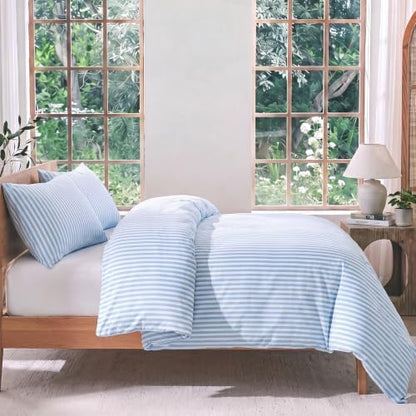 Bedbay Blue Striped Queen Duvet Cover Set, 100% Cotton 300TC Sateen, Light Blue Fine Stripe Bedding, Soft Smooth Breathable Coastal Sateen Set, 3 Pieces