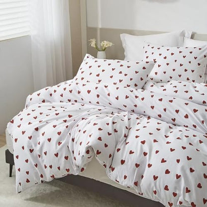 Mucalis Red Heart Duvet Cover King White Duvet Cover 100% Cotton Cute Love Heart 3 Piece Patterned Bedding Set with Zipper Closure Corner Ties,Durable,Soft,Breathable,Easy Care