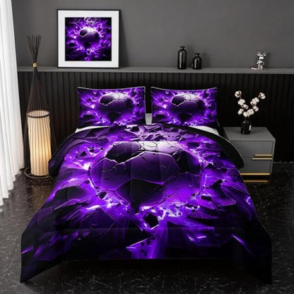 Nttopship Soccer Bedding Comforter Set King Size for Kids Teens and Adults, Purple and Black Football Printed Bedding Sets 3 PCS,Ball Sports Themed Bedroom Decor with 1 Comforter and 2 Pillowcases