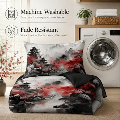 CCoutueChen Asian Chinese Comforter Set, Queen Size, Black Red