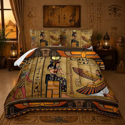 Nttopship Ancient Egypt Comforter Bedding Set with 2 Pillowcase King Size Pharaoh Pyramid Comforter Set for Kids Boys Girls Bedroom Decor