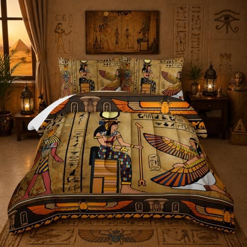 Nttopship Ancient Egypt Comforter Bedding Set with 2 Pillowcase Queen Size Pharaoh Pyramid Comforter Set for Kids Boys Girls Bedroom Decor