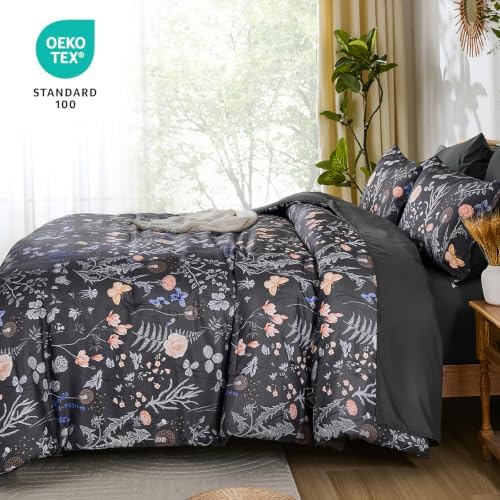 Yiran King Size Comforter Set 7 Piece,Gray Floral Bedding Set Fall Flowers