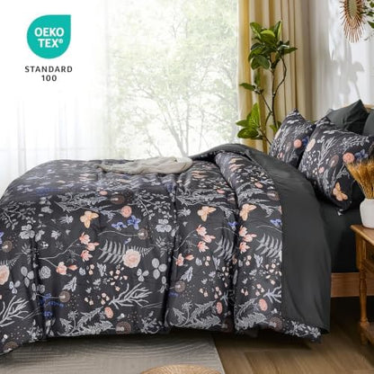 Yiran King Size Comforter Set 7 Piece,Gray Floral Bedding Set Fall Flowers