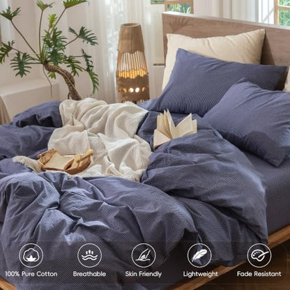 MooMee Striped Duvet Cover Set 100% Washed Cotton Linen Like King