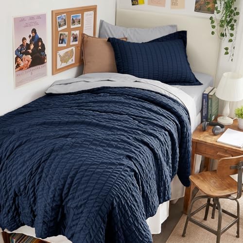 HYMOKEGE Navy Blue/Light Grey Twin XL Comforter Set Seersucker 5 Pieces, All Season Luxury Bed in a Bag for Bedroom, Bedding Set with Comforter, Sheets, Pillowcase & Sham