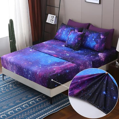 JQinHome Twin Galaxy Purple Comforter Sets Blanket,6 Piece Bed in A Bag 3D Outer Space Themed Bedding, All-Season Reversible Quilted Duvet, for Children Boy Girl Teen Kids(Blue Purple)