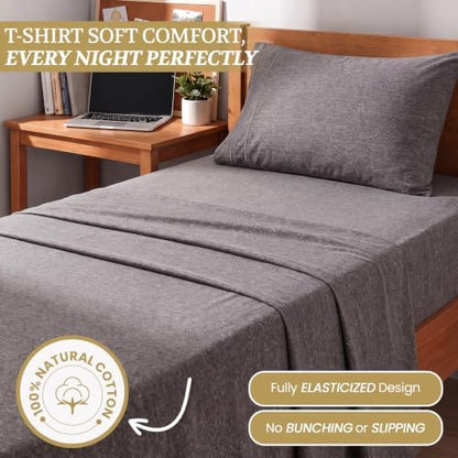 Twin XL Cotton Knit Jersey Sheet Set, 15" Deep Pocket,Heather Grey, 3pc