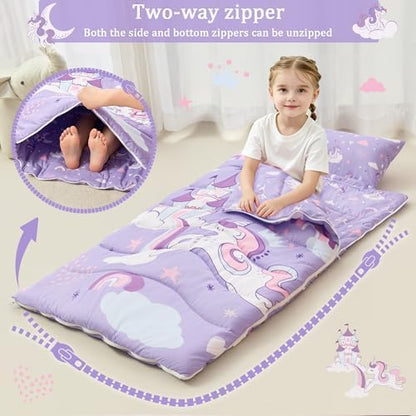 Toddler Nap Mat for Preschool 50''x30'' Sleeping Mat with Removable Pillow and Minky Blanket for Kids Ages 3-7 Roll Up Soft Sleeping Bag for Boys Girls Kindergarten Daycare Sleepover