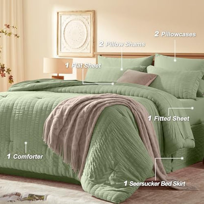 Laojin Balhen King Size Comforter Set 7 Pieces, Sage Green Seersucker Bed in a Bag Set King Size, All Season Luxury Bedding Sets with Comforter, Sheets, Pillowcase & Sham
