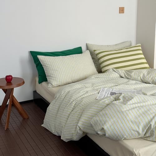 mixinni Vintage Geometric Striped Duvet Cover Set - 3 Piece 100% Washed Cotton Queen Size Bedding Set with Matching Pillowcases | Mid-Century Modern Design | Ultra Soft & Breathable-Queen Size