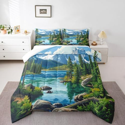 Woodland Comforter Set Full Size,Lake House Rustic Style Duvet Insert for Kids Teens Adults Room Decor,Camping Adventure Retro Bedding Set 3Pcs,Woodland Mountain River Scenery Quilt Set,2 Pillowcases