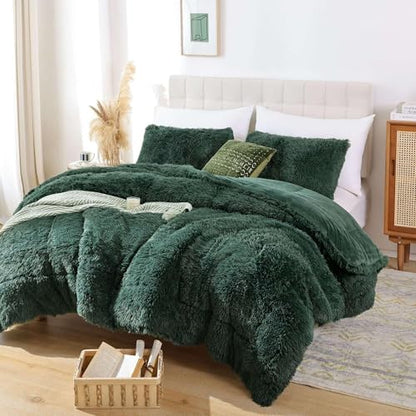 Smoofy Fluffy Full Size Comforter Set, Dark Green Faux Fur Comforter 3 Pcs