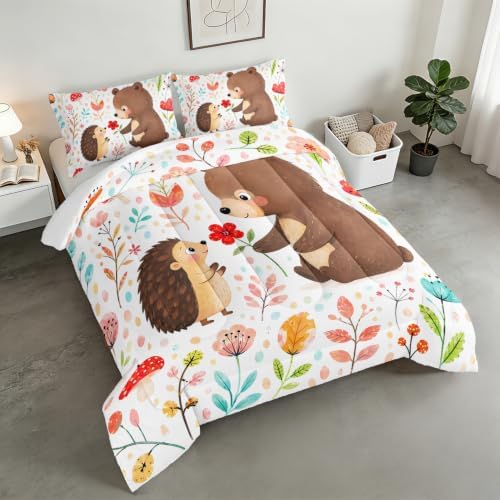 Cute Bear Hedgehog Full Size Comforter Set with 2 Pillowcases.