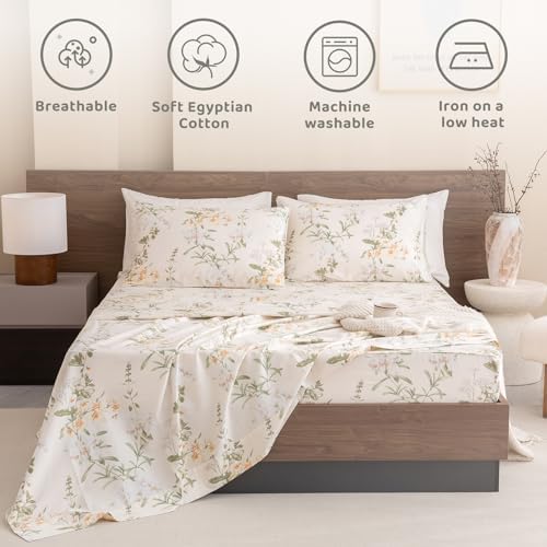QSH Floral Queen Size Sheet Sets - 100% Egyptian Cotton Sheets Elegant Yellow Green Leaves Pattern Printed Bedding Sheets Queen Size Bed Extra Soft and Breathable 4pcs Deep Pockets Bed Sheets