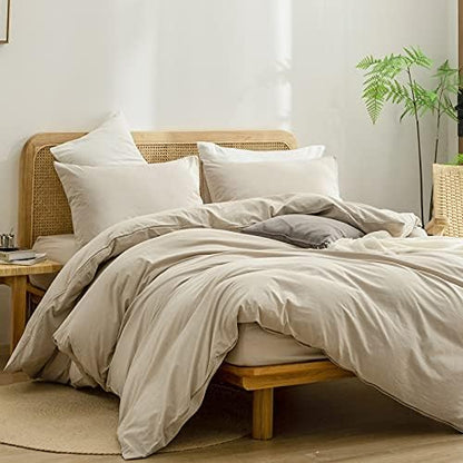 BESTOUCH Cotton Solid Duvet Cover Set Linen Feel Almond Milk Grey Full
