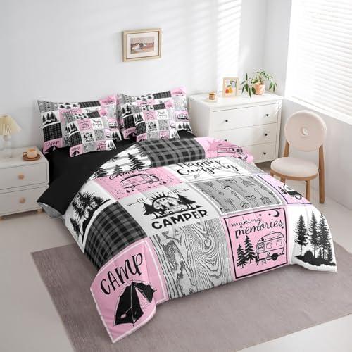 Erosebridal Girls Pink Camper Queen Bedding Set with Sheets 7 Piece Camping Comforter Set Rv Camper Accessories for Travel Trailers Bed in A Bag,Black Grey Buffalo Plaid Pine Tree Arrow Bed Set
