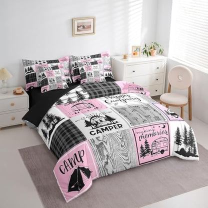 Erosebridal Girls Pink Camper Queen Bedding Set with Sheets 7 Piece Camping Comforter Set Rv Camper Accessories for Travel Trailers Bed in A Bag,Black Grey Buffalo Plaid Pine Tree Arrow Bed Set