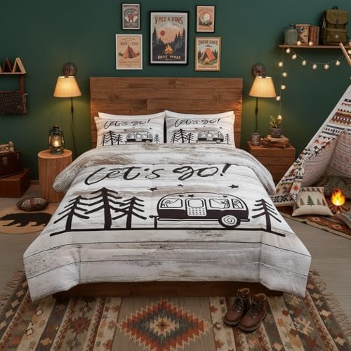 Homewish Camper Theme Full Size Comforter Set Happy Camping Bedding Set for Kids Adults Teens Beige Wooden Comforter Luxury Vintage Wood Farmhouse Quilt Set Room Decor 3Pcs
