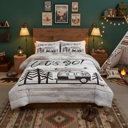 Homewish Camper Theme Full Size Comforter Set Happy Camping Bedding Set for Kids Adults Teens Beige Wooden Comforter Luxury Vintage Wood Farmhouse Quilt Set Room Decor 3Pcs