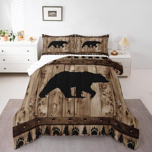 Castle Fairy Bear Comforter Set Twin Size,Rustic Farmhouse Style Bedding Set 2Pcs,Hunting Wild Animal Quilt Set for Kids Boys Men Adult Room Decor,Brown Wooden Board Print Duvet Insert,1 Pillowcase