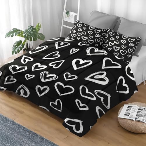 Pamnest Comforter Set King Size, Love Cute Valentine Soft 3 Pcs Bedding for Kids and Adults, Polka Heart White Comforter Set with 2 Pillowcases, for Bedroom Bed Decor