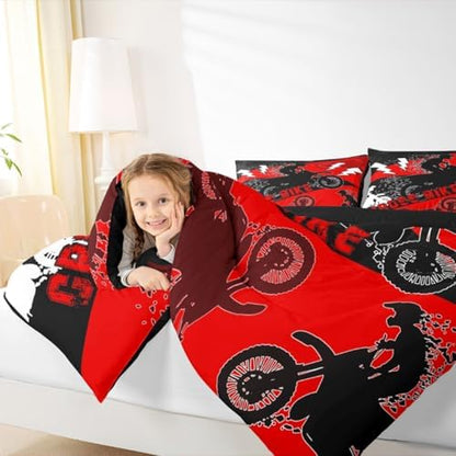 Erosebridal Full Size Dirt Bike Bedding Set Kids Motocross Comforter Set Dirtbike Room Decor for Boys Men Girls Adult,Rider Motorcycle Bed Set Cool Extreme Sports Comforter Sets 3Pcs,Red Black