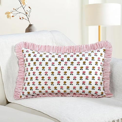 CPC Block Print Rosette Bloom Ruffle Cotton Lumbar Pillow Cover 12x20 inch