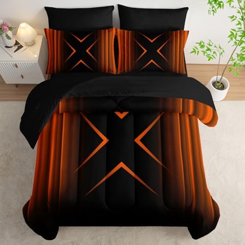 Nttopship Black and Yellow Geometric Comforter Set Twin Size 7Pieces,3D Abstract Mordern Printed Bedding Set for Adults,Geometric Mordern Decor All Seasons with Pillowcases,Flat, Fitted Sheet