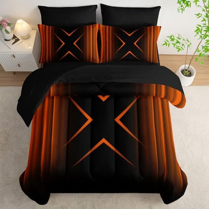 Nttopship Black and Yellow Geometric Comforter Set Twin Size 7Pieces,3D Abstract Mordern Printed Bedding Set for Adults,Geometric Mordern Decor All Seasons with Pillowcases,Flat, Fitted Sheet