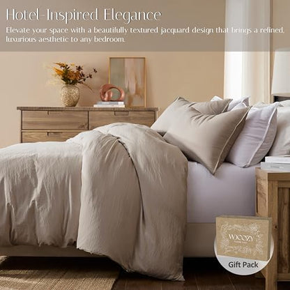 WDCOZY Dark Beige Queen Size Jacquard Duvet Cover Set with Zipper Closure, Modern Washed Soft Striped Bedding, Textured Seersucker Like Cotton Linen, 1 Duvet Cover and 2 Pillow Shams, No Comforter