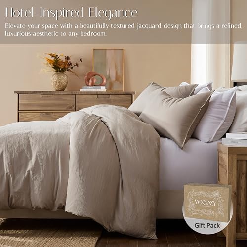 WDCOZY Dark Beige King Size Jacquard Duvet Cover Set with Zipper Closure, Modern Washed Soft Striped Bedding, Textured Seersucker Like Cotton Linen, 1 Duvet Cover and 2 Pillow Shams, No Comforter