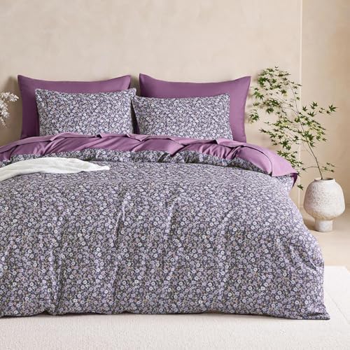 Wake In Cloud - Floral Comforter Set, Cute Vintage Flower Cottagecore Aesthetic for Women Teen Girls, Soft Lightweight Dorm Bedding, 3 Pieces, Dusty Purple, Full Size