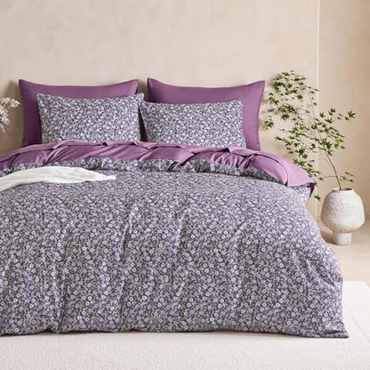 Wake In Cloud - Floral Comforter Set, Cute Vintage Flower Cottagecore Aesthetic for Women Teen Girls, Soft Lightweight Dorm Bedding, 3 Pieces, Dusty Purple, Full Size