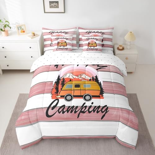 Erosebridal Happy Camping Comforter Set Full Size,Cartoon RV Bedding Set for Kids Teens,Pink Wooden Plank (Comforter+Fitted+Flat Sheet+2 Pillowcases+2 Throw Pillow Covers) 7 Pieces Bed Set