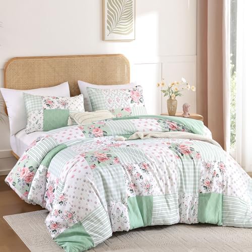 YIKUSH Green Floral Queen Comforter Set, Soft Lightweight All Season Bedding Set for Women Girls, Cozy Cottagecore Botanical Comforter Queen Size with 2 Pillow Shams, Breathable Floral Bed Set