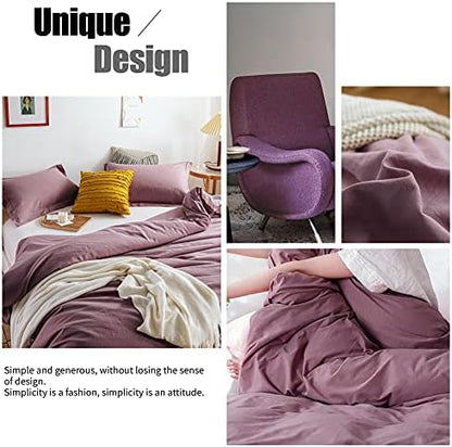 Simple&Opulence 100% Linen Duvet Cover Set 3pcs Basic Style Natural French Washed Flax Solid Color Soft Breathable Farmhouse Bedding with Button Closure - Purple, Queen