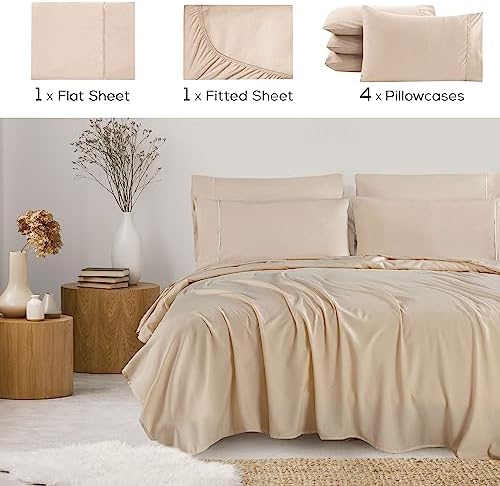 Mueller Ultratemp Bed Sheets Set, Super Soft, 6 Piece California King Sheet Sets, Deep Pocket up to 16", Transfers Heat, Breathes Better, Hypoallergenic, Wrinkle-Resistant, Oeko-TEX, Cream