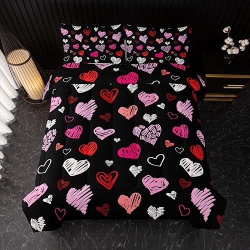 Nttopship Love Comforter Sets Full Size Heart Valentines Day Romantic Soft Bedding Set Pink Watercolor Kawaii Comforter Cartoon Love Heart Geometric Comforter Set Soft Warm Quilt 3Pcs