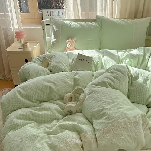 LifeTB Green Gingham Comforter Set Twin XL Romantic Lace Design Vintage Plaid Checkered Pattern Comforter with 2 Pillowcases Green Plaid Grid Bedding Comforter Set Fluffy Soft Gingham Bedding Set