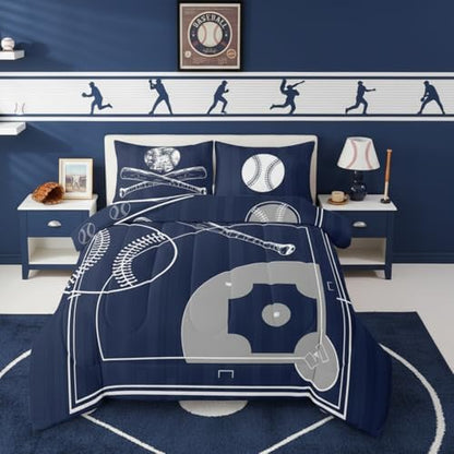 Erosebridal Kids Baseball Queen Size Comforter Set for Boys Girls Sport Bedding Set, Baseball Printed Reversible Down Comforter Navy Blue Grey Bed Set, Ball Gaming Quilted Duvet