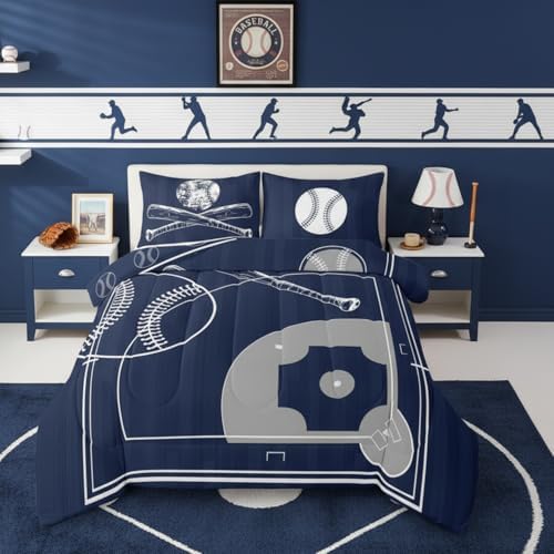 Erosebridal Kids Baseball Toddler Bedding Sets for Boys Girls Sport Comforter Set, Baseball Printed Reversible Bedding Comforter Sets Navy Blue Grey Duvet Insert, Ball Gaming Down Comforter