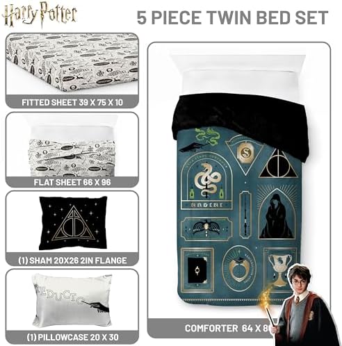 Harry Potter Twin Comforter Set 5 Piece Soft Fantasy Bedding, Blue