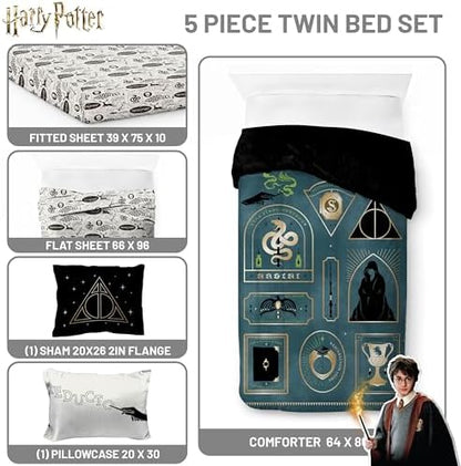 Harry Potter Twin Comforter Set 5 Piece Soft Fantasy Bedding, Blue