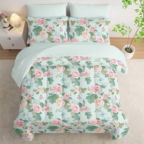 7Pcs Comforter Set Butterfly Flowers Green Leaves Printed Bedding Set with 1 Comforter,1 Flat Sheet,1 Fitted Sheet and 4 Pillowcases for Boys and Girls Bedroom All Season(Full)