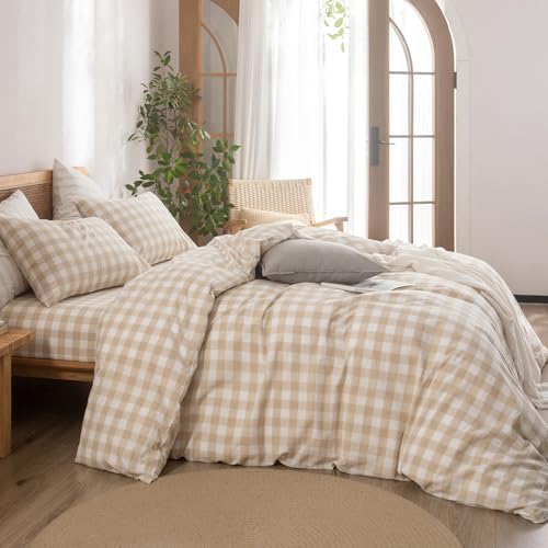 BESTOUCH Gingham Cotton Duvet Cover Set Almond Grey Super Queen
