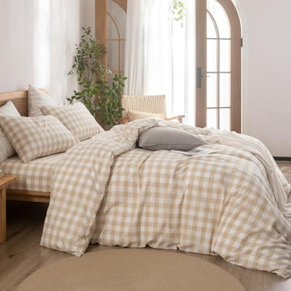 BESTOUCH Gingham Cotton Duvet Cover Set Almond Grey Super Queen